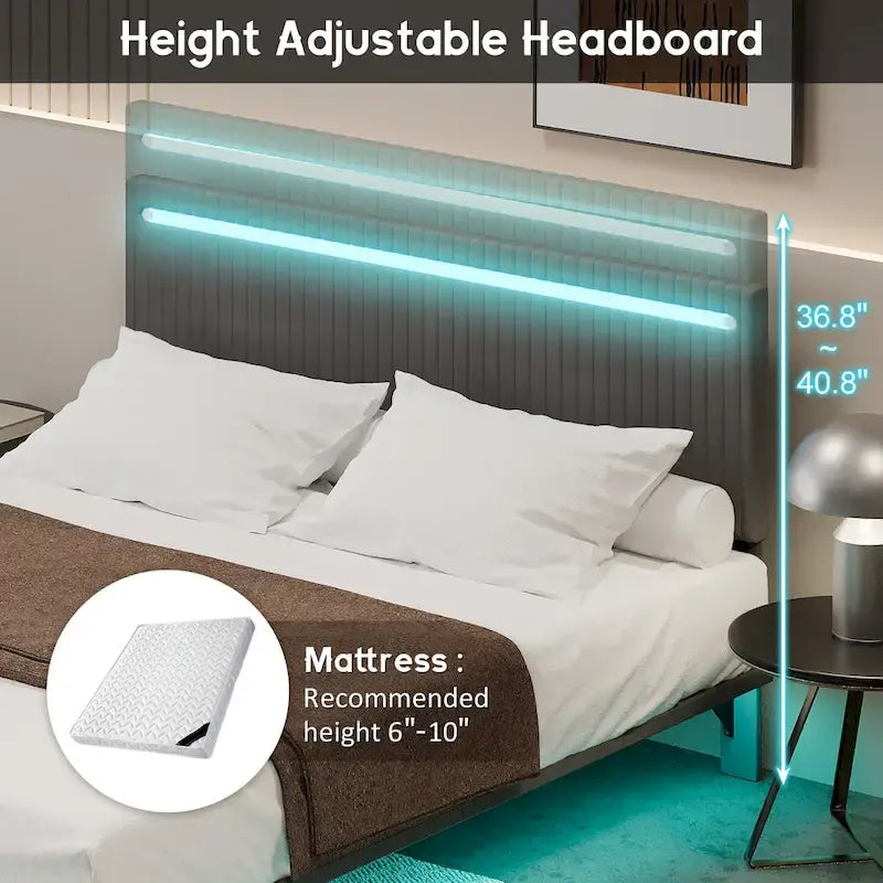 Lit plateforme flottant rembourré en velours beige/gris avec LED RVB et lumières à capteur, Queen/Full, 2 personnes