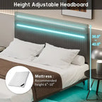 Lit plateforme flottant rembourré en velours beige/gris avec LED RVB et lumières à capteur, Queen/Full, 2 personnes