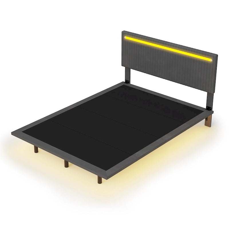 Lit plateforme flottant rembourré en velours beige/gris avec LED RVB et lumières à capteur, Queen/Full, 2 personnes