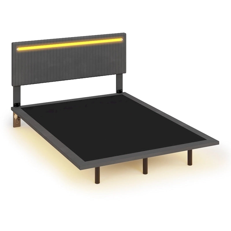Lit plateforme flottant rembourré en velours beige/gris avec LED RVB et lumières à capteur, Queen/Full, 2 personnes