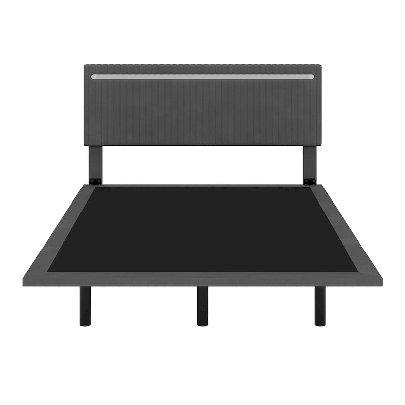 Lit plateforme flottant rembourré en velours beige/gris avec LED RVB et lumières à capteur, Queen/Full, 2 personnes