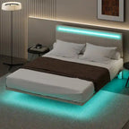 Lit plateforme flottant rembourré en velours beige/gris avec LED RVB et lumières à capteur, Queen/Full, 2 personnes