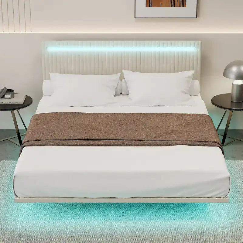 Lit plateforme flottant rembourré en velours beige/gris avec LED RVB et lumières à capteur, Queen/Full, 2 personnes