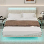Lit plateforme flottant rembourré en velours beige/gris avec LED RVB et lumières à capteur, Queen/Full, 2 personnes