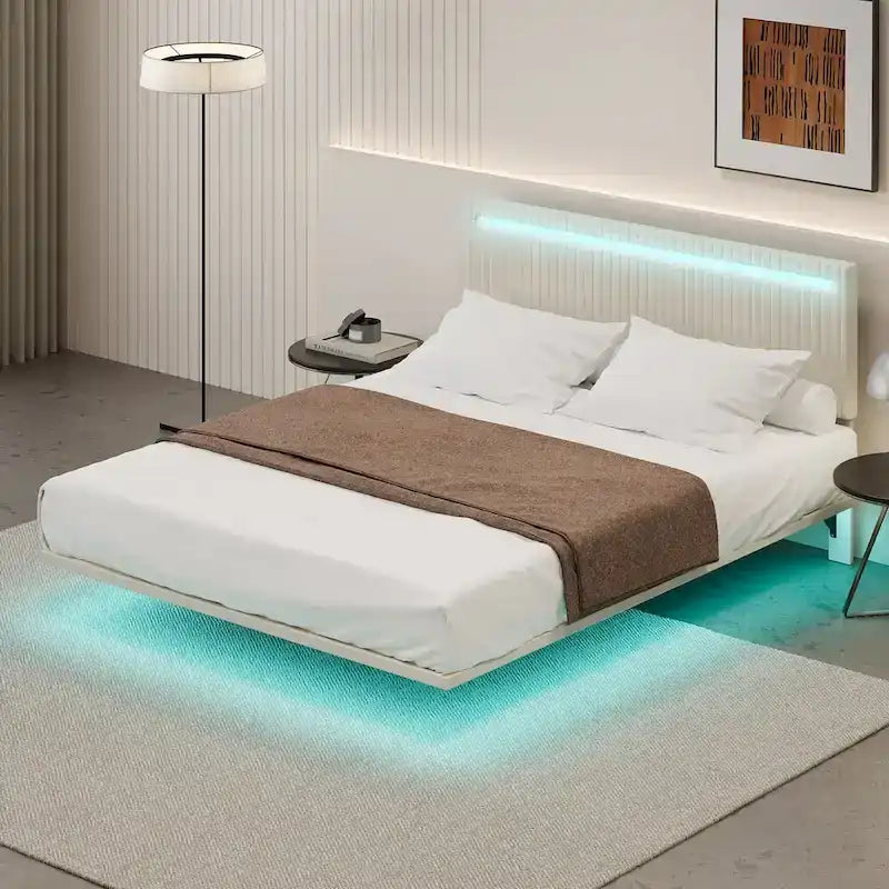 Lit plateforme flottant rembourré en velours beige/gris avec LED RVB et lumières à capteur, Queen/Full, 2 personnes