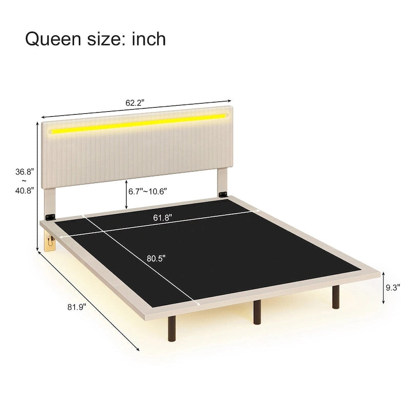 Lit plateforme flottant rembourré en velours beige/gris avec LED RVB et lumières à capteur, Queen/Full, 2 personnes