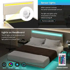 Lit plateforme flottant rembourré en velours beige/gris avec LED RVB et lumières à capteur, Queen/Full, 2 personnes
