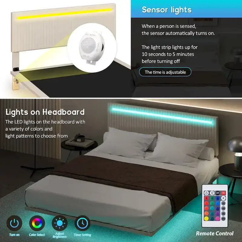Lit plateforme flottant rembourré en velours beige/gris avec LED RVB et lumières à capteur, Queen/Full, 2 personnes
