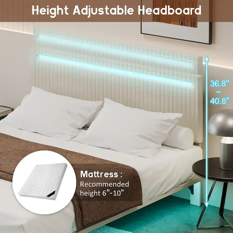 Lit plateforme flottant rembourré en velours beige/gris avec LED RVB et lumières à capteur, Queen/Full, 2 personnes