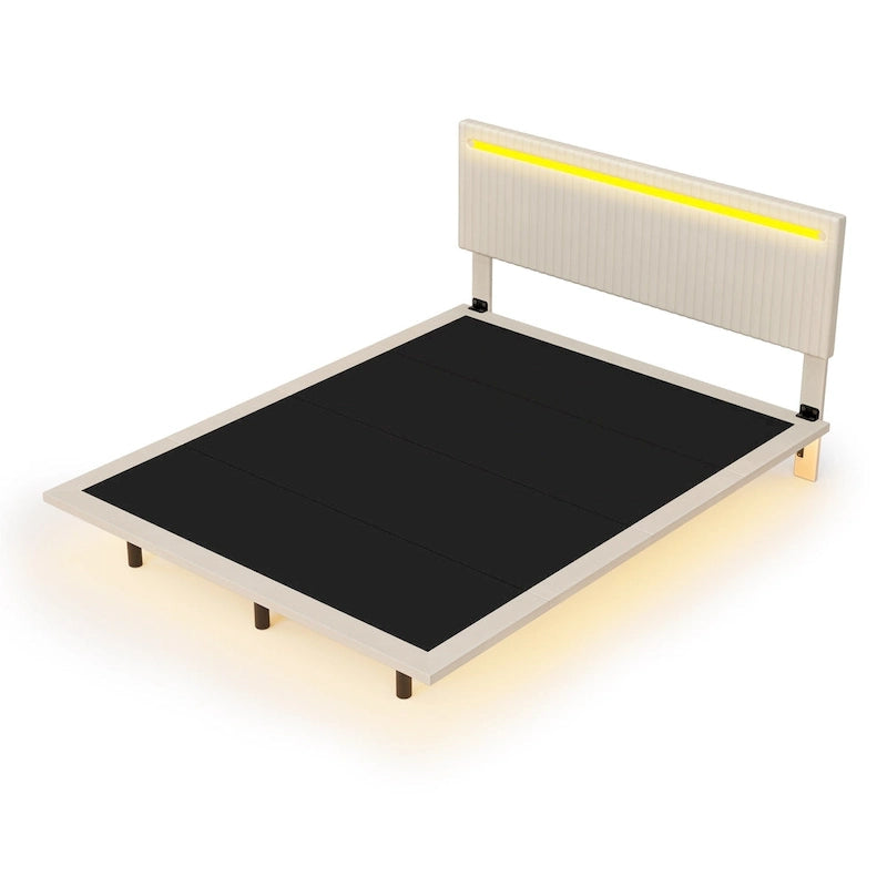Lit plateforme flottant rembourré en velours beige/gris avec LED RVB et lumières à capteur, Queen/Full, 2 personnes