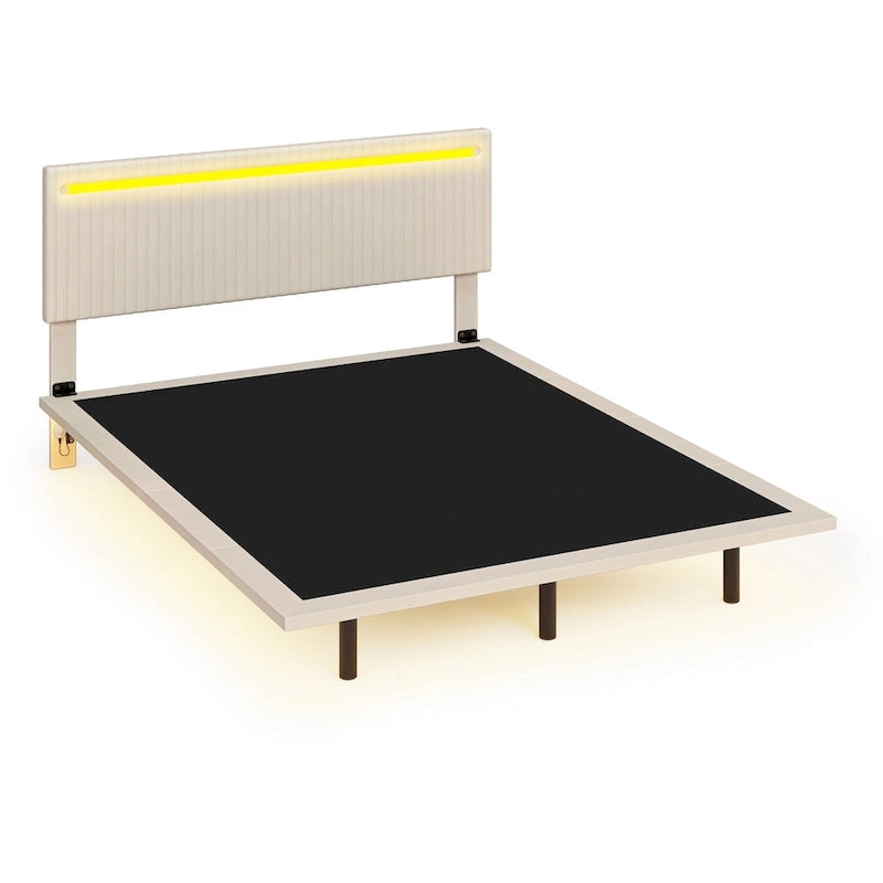 Lit plateforme flottant rembourré en velours beige/gris avec LED RVB et lumières à capteur, Queen/Full, 2 personnes