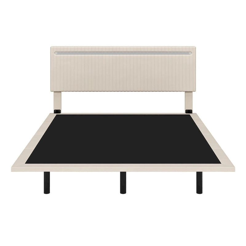 Lit plateforme flottant rembourré en velours beige/gris avec LED RVB et lumières à capteur, Queen/Full, 2 personnes