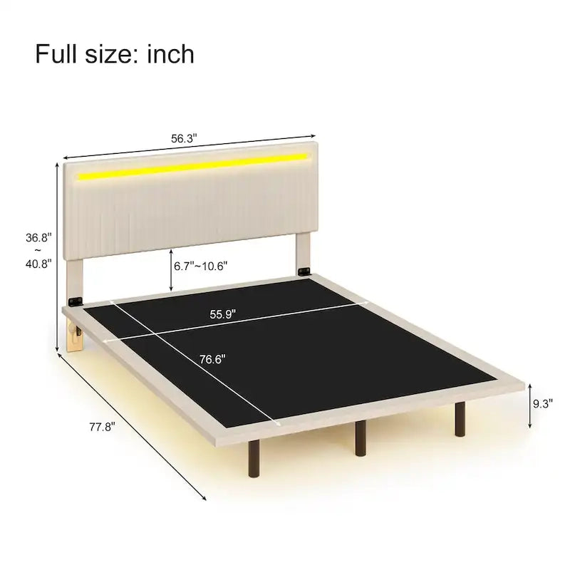 Lit plateforme flottant rembourré en velours beige/gris avec LED RVB et lumières à capteur, Queen/Full, 2 personnes