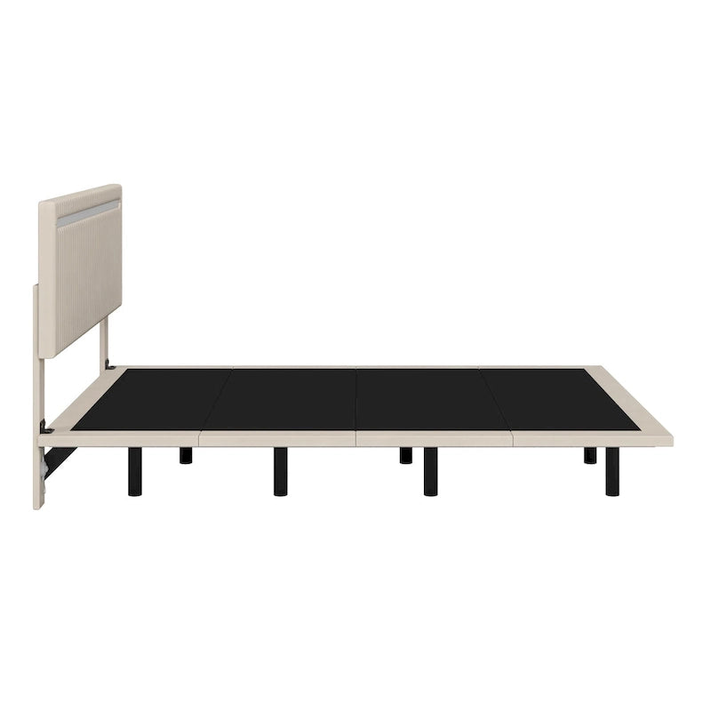 Lit plateforme flottant rembourré en velours beige/gris avec LED RVB et lumières à capteur, Queen/Full, 2 personnes