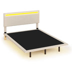 Lit plateforme flottant rembourré en velours beige/gris avec LED RVB et lumières à capteur, Queen/Full, 2 personnes
