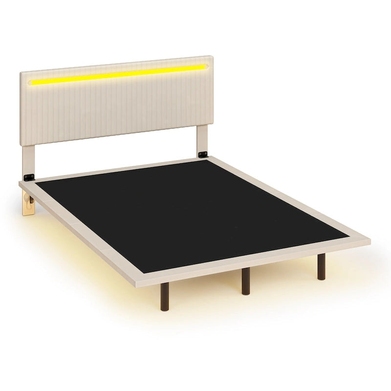 Lit plateforme flottant rembourré en velours beige/gris avec LED RVB et lumières à capteur, Queen/Full, 2 personnes