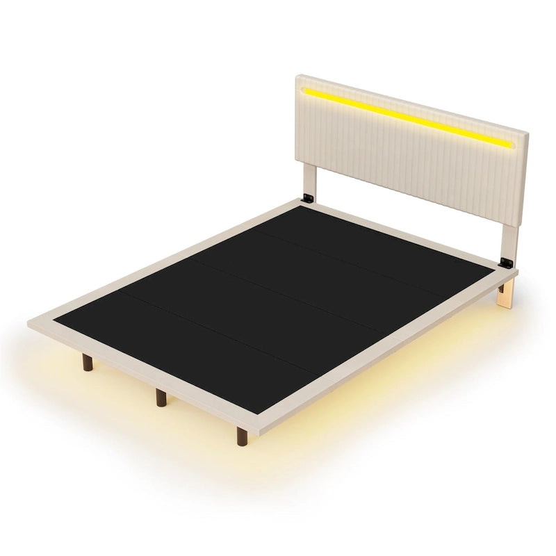 Lit plateforme flottant rembourré en velours beige/gris avec LED RVB et lumières à capteur, Queen/Full, 2 personnes