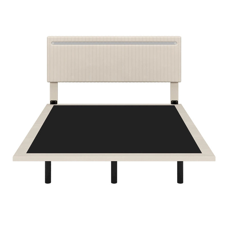 Lit plateforme flottant rembourré en velours beige/gris avec LED RVB et lumières à capteur, Queen/Full, 2 personnes