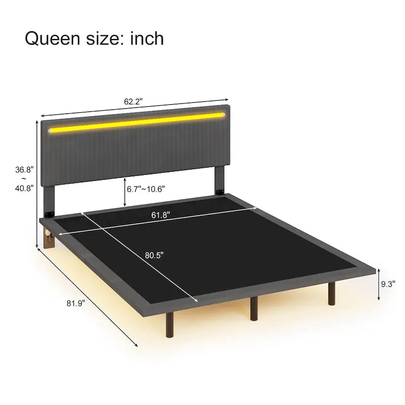Lit plateforme flottant rembourré en velours beige/gris avec LED RVB et lumières à capteur, Queen/Full, 2 personnes
