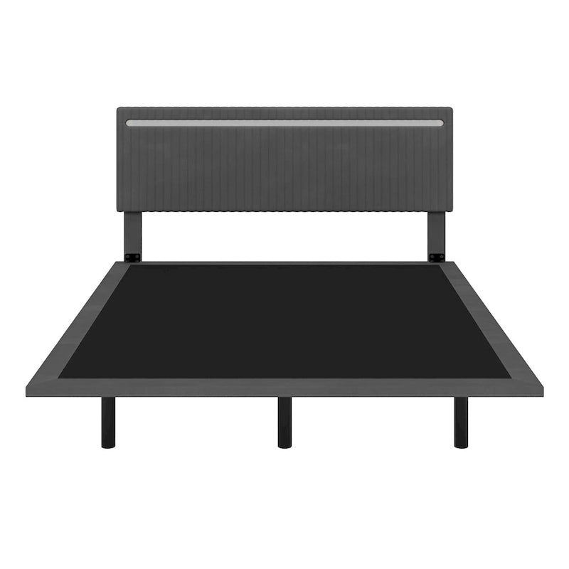 Lit plateforme flottant rembourré en velours beige/gris avec LED RVB et lumières à capteur, Queen/Full, 2 personnes