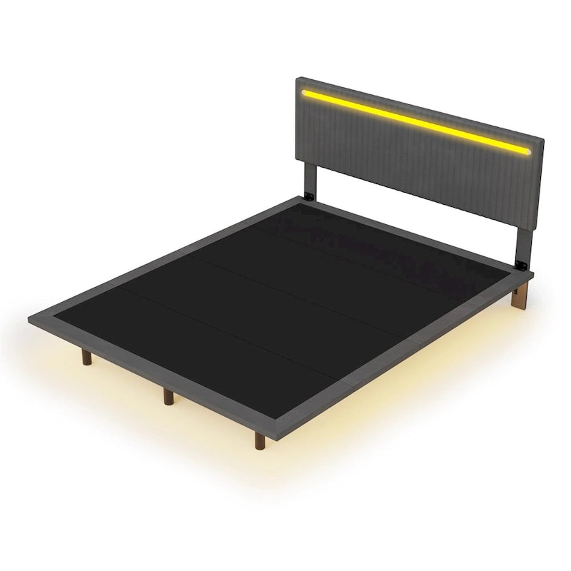 Lit plateforme flottant rembourré en velours beige/gris avec LED RVB et lumières à capteur, Queen/Full, 2 personnes