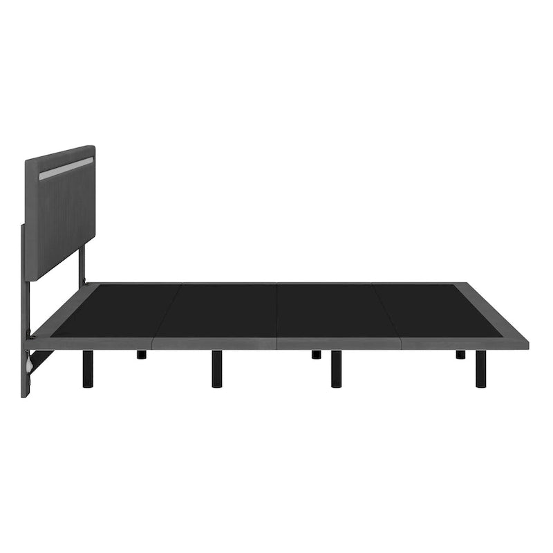 Lit plateforme flottant rembourré en velours beige/gris avec LED RVB et lumières à capteur, Queen/Full, 2 personnes