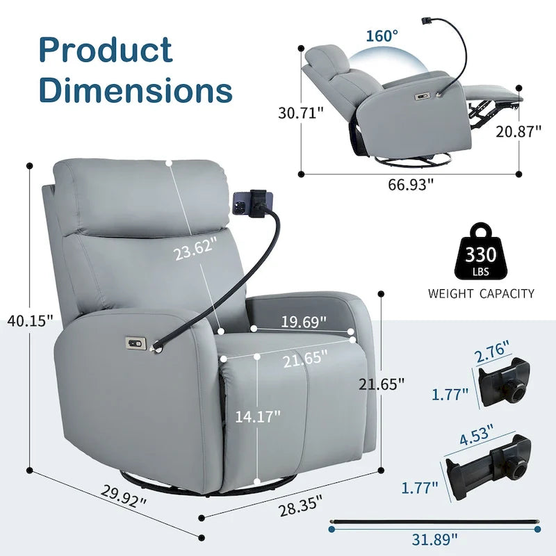 Fauteuil inclinable électrique pivotant, Gris clair / Bleu gris, individuel, PU