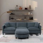 Canapé d'angle 4 places en tissu gris foncé avec pouf et accoudoir de rangement