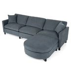 Canapé d'angle 4 places en tissu gris foncé avec pouf et accoudoir de rangement