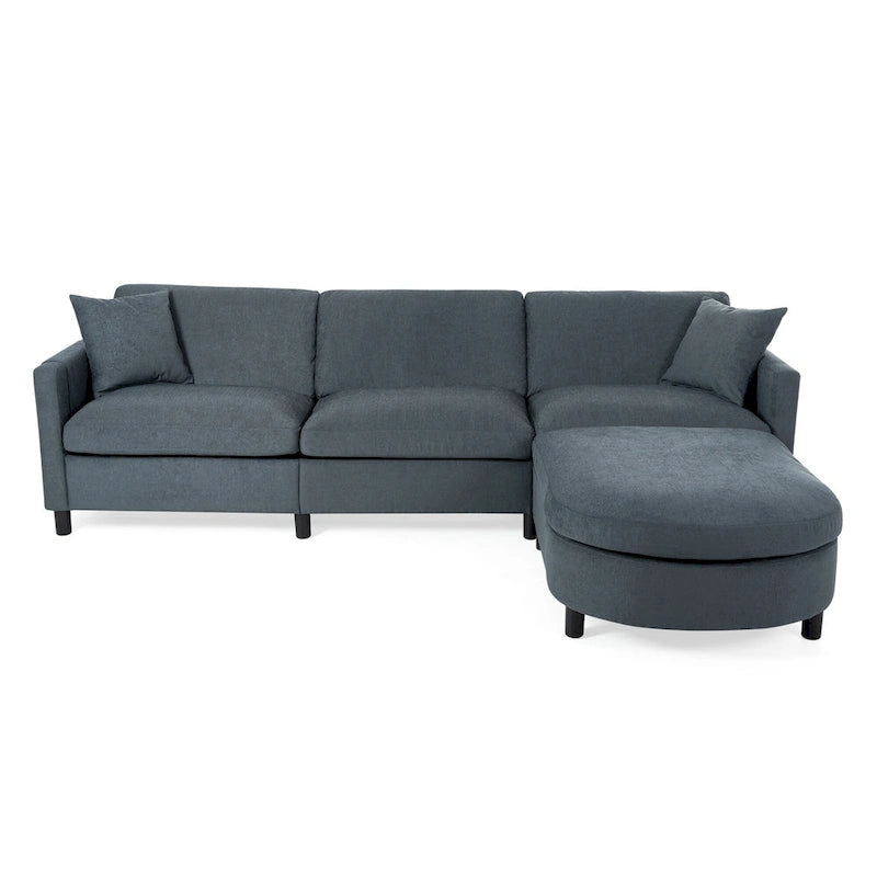Canapé d'angle 4 places en tissu gris foncé avec pouf et accoudoir de rangement