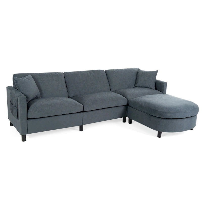 Canapé d'angle 4 places en tissu gris foncé avec pouf et accoudoir de rangement