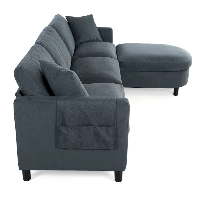 Canapé d'angle 4 places en tissu gris foncé avec pouf et accoudoir de rangement