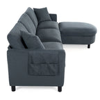 Canapé d'angle 4 places en tissu gris foncé avec pouf et accoudoir de rangement
