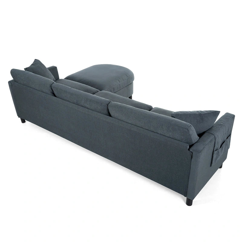 Canapé d'angle 4 places en tissu gris foncé avec pouf et accoudoir de rangement