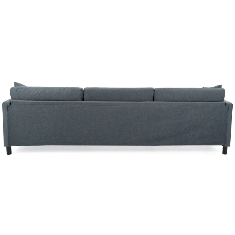 Canapé d'angle 4 places en tissu gris foncé avec pouf et accoudoir de rangement