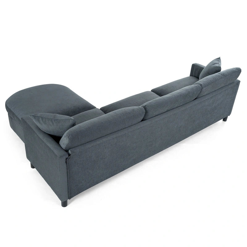 Canapé d'angle 4 places en tissu gris foncé avec pouf et accoudoir de rangement