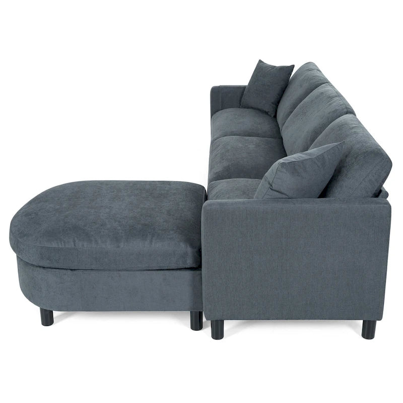 Canapé d'angle 4 places en tissu gris foncé avec pouf et accoudoir de rangement