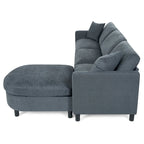 Canapé d'angle 4 places en tissu gris foncé avec pouf et accoudoir de rangement