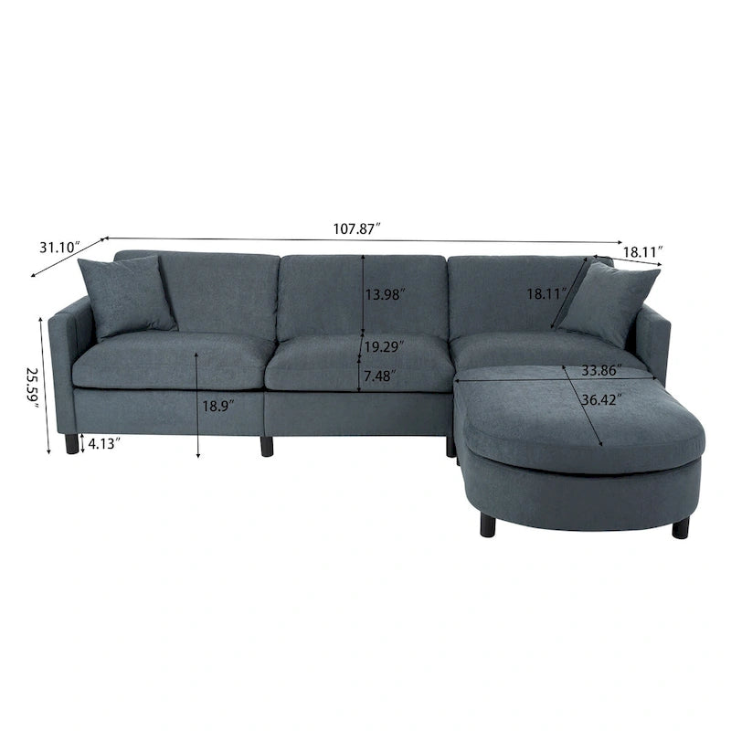 Canapé d'angle 4 places en tissu gris foncé avec pouf et accoudoir de rangement