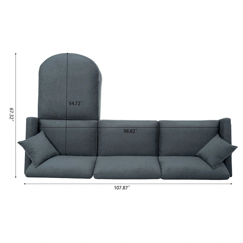 Canapé d'angle 4 places en tissu gris foncé avec pouf et accoudoir de rangement