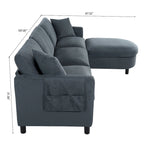Canapé d'angle 4 places en tissu gris foncé avec pouf et accoudoir de rangement