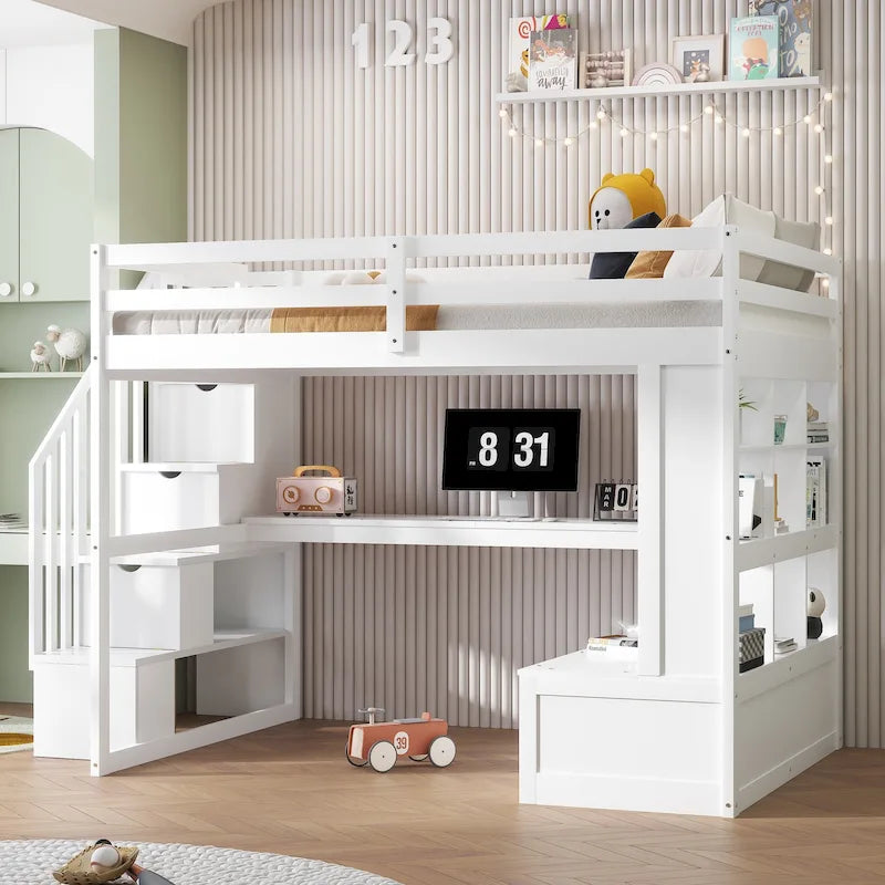Lit mezzanine blanc avec bureau, étagères et tiroirs, 1 place