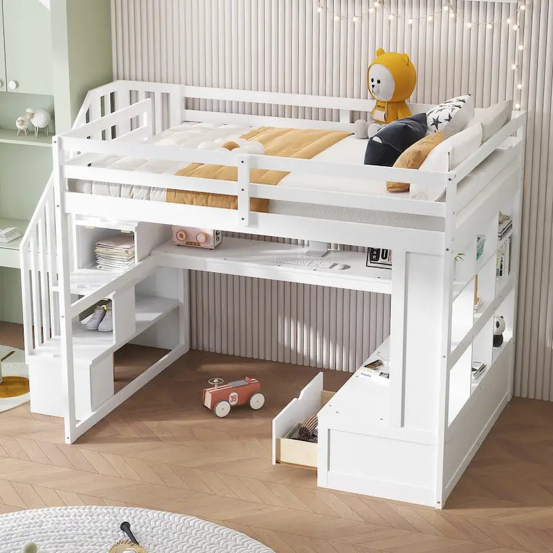 Lit mezzanine blanc avec bureau, étagères et tiroirs, 1 place