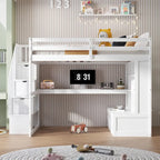 Lit mezzanine blanc avec bureau, étagères et tiroirs, 1 place