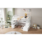 Lit mezzanine blanc avec bureau, étagères et tiroirs, 1 place
