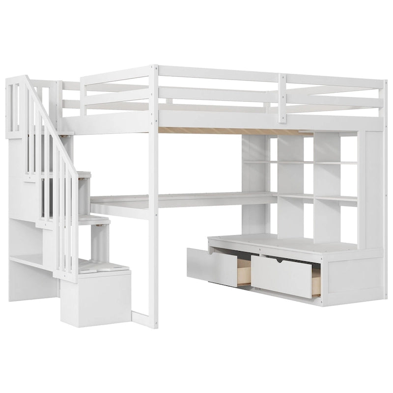 Lit mezzanine blanc avec bureau, étagères et tiroirs, 1 place