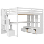 Lit mezzanine blanc avec bureau, étagères et tiroirs, 1 place