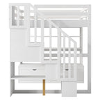 Lit mezzanine blanc avec bureau, étagères et tiroirs, 1 place