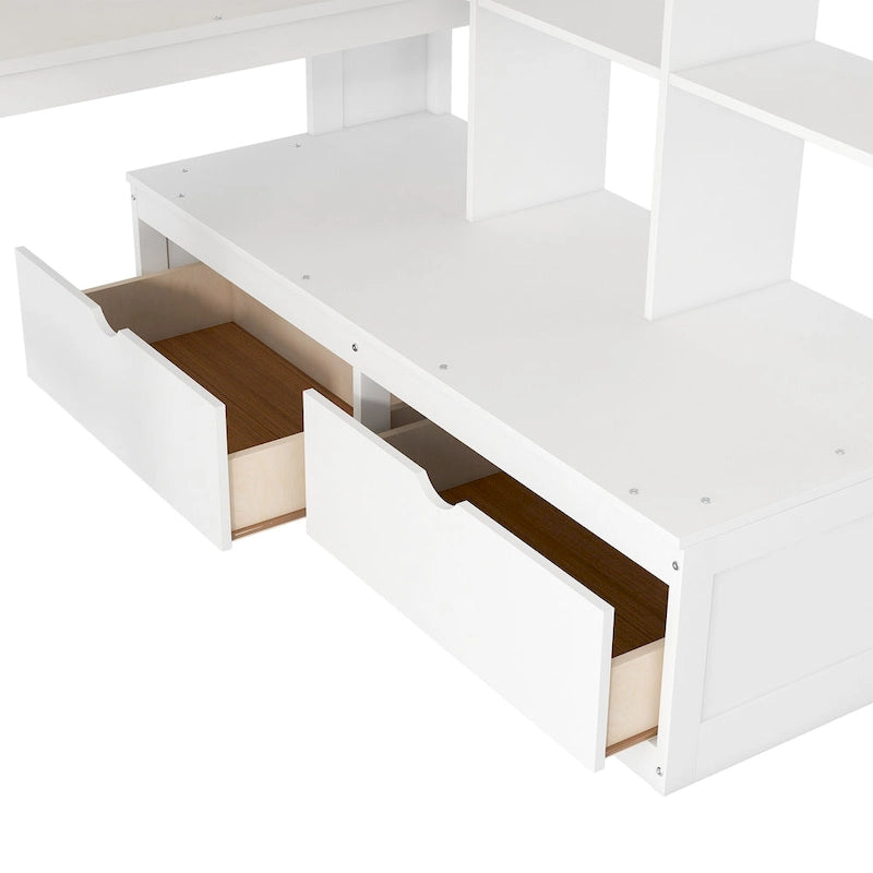 Lit mezzanine blanc avec bureau, étagères et tiroirs, 1 place