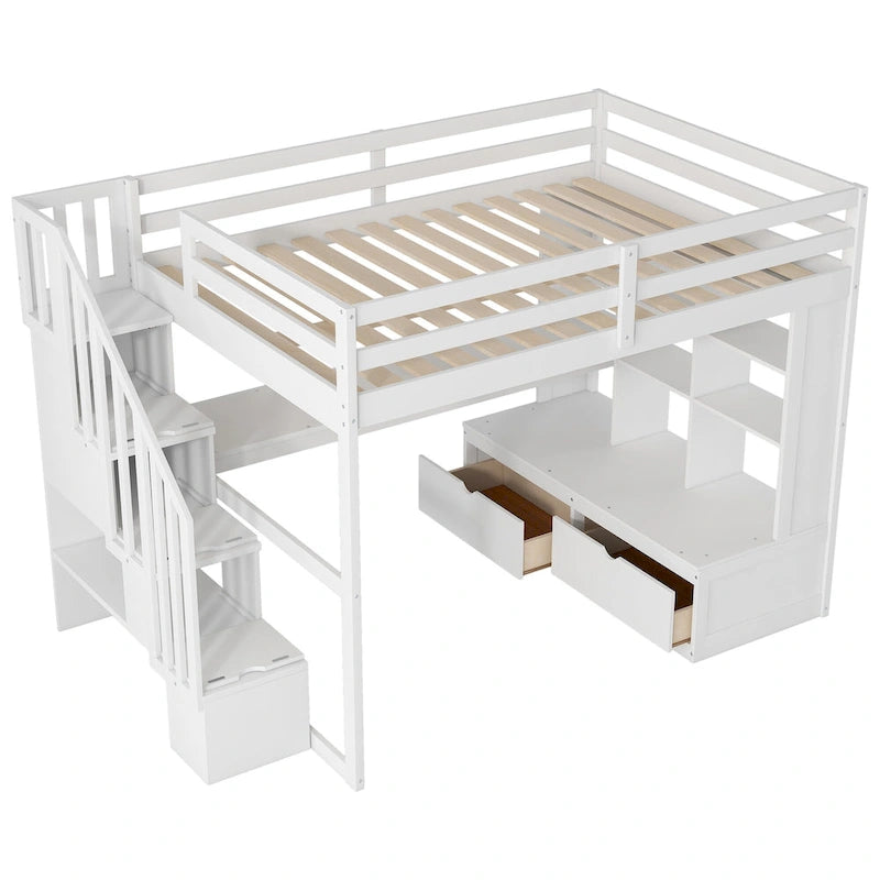 Lit mezzanine blanc avec bureau, étagères et tiroirs, 1 place